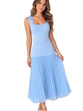 Trendy boutique Light Blue Sleeveless Pleated Midi Dress with Pearled Dots